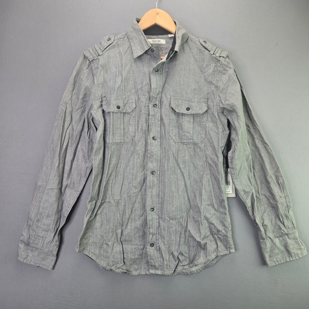 Kenneth Cole Reaction Shirt Mens S Grey Button Up Military Epaulette NWT